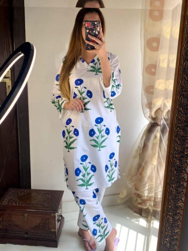 Womens Stitched Linen Block Printed Shirt and Trouser